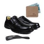 Kit Sapato Casual Conforto Couro Floater Preto + Calcadeira + Porta Cédukas Copia