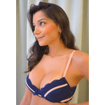 Conjunto Lingerie com Viés Contrastante em Renda e Microfibra - AZUL MARINHO