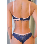 Conjunto Lingerie com Viés Contrastante em Renda e Microfibra - AZUL MARINHO