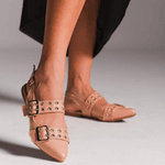 Sapatilha Slingbacks Mary Jane Luxo Vernizada Em Ilhoes Nude - Bico Fino 