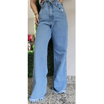 CALÇA JEANS FEMININA WIDE LEG COM CINT0 AJUSTÁVEL - Azul claro