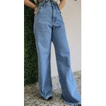 CALÇA JEANS FEMININA WIDE LEG COM CINT0 AJUSTÁVEL - Azul claro