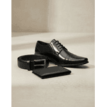 Kit Sapato Cadarço Bico Fino Masculino Social Couro Natural + Cinto e Carteira Em Couro Sintético 