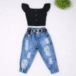Conjunto Cropped Botões + Calça Jogger Jeans Liz 
