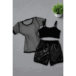 Conjunto Blusa Tule Com Glitter + Top e Short Paetê Bianca 