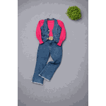 Conjunto 3 peças Blusa Lastex + colete + calça Flare Jeans Milena