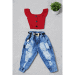 Conjunto Cropped Botões + Calça Jogger Jeans Liz 
