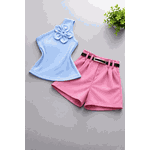 Conjunto Blusa Flor Azul+ Short Rosa Bela 