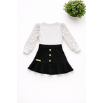 Conjunto Blusa Bufante Longa Branca + Saia Suede Preto Rebeca 