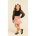 Conjunto Blusa Bufante Longa Preto + Saia Suede Rosa Isis 