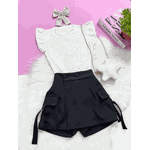 Conjunto Blusa Brilho Branco + Short Saia Cargo Preto Ana 