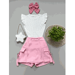 Conjunto Blusa Brilho Branco + Short Saia Cargo Rosa Ana 