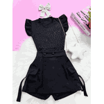 Conjunto Blusa Brilho Preto + Short Saia Cargo Preto Ana 