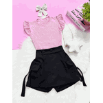 Conjunto Blusa Brilho Rosa + Short Saia Cargo Preto Ana 