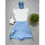 Conjunto Blusa Brilho Branco + Short Saia Cargo Azul Ana 