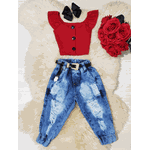 Conjunto Cropped Botões + Calça Jogger Jeans Liz 