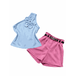 Conjunto Blusa Flor Azul+ Short Rosa Bela 