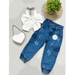 Conjunto Cropped Laço + Calça Jogger Jeans Cargo 