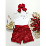 Conjunto Blusa de Flor Nula manga+ Short Paetê Vermelho 