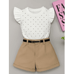 Conjunto Blusa De Brilho +Short Alfaiataria Com Cinto Bege