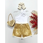 Conjunto Blusa de Flor Nula manga+ Short Paetê Dourado 