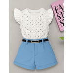 Conjunto Blusa de Brilho + Short Alfaiataria com cinto Azul