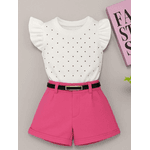 Conjunto Blusa de Brilho + Short Alfaiataria com Cinto Rosa