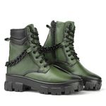Coturno Feminino em Couro com Corrente Lorena Verde Militar - Design Único e Ousado