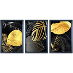 Conjunto 13 - Imagem Preto e Dourado com 3 Quadros - Com Moldura - Preto, Marrom, Rústica ou Branco