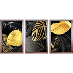 Conjunto 13 - Imagem Preto e Dourado com 3 Quadros - Com Moldura - Preto, Marrom, Rústica ou Branco