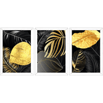 Conjunto 13 - Imagem Preto e Dourado com 3 Quadros - Com Moldura - Preto, Marrom, Rústica ou Branco