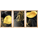 Conjunto 13 - Imagem Preto e Dourado com 3 Quadros - Com Moldura - Preto, Marrom, Rústica ou Branco
