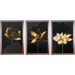 Conjunto 14 - Imagem Preto e Dourado com 3 Quadros - Com Moldura - Preto, Marrom, Rústica ou Branco