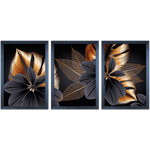 Conjunto 16 - Imagem Preto e Dourado com 3 Quadros - Com Moldura - Preto, Marrom, Rústica ou Branco