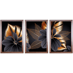Conjunto 16 - Imagem Preto e Dourado com 3 Quadros - Com Moldura - Preto, Marrom, Rústica ou Branco