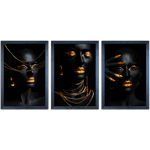 Conjunto 19 - Imagem Preto e Dourado com 3 Quadros - Com Moldura - Preto, Marrom, Rústica ou Branco