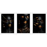 Conjunto 19 - Imagem Preto e Dourado com 3 Quadros - Com Moldura - Preto, Marrom, Rústica ou Branco