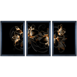 Conjunto 22 - Imagem Preto e Dourado com 3 Quadros - Com Moldura - Preto, Marrom, Rústica ou Branco