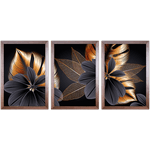 Conjunto 23 - Imagem Preto e Dourado com 3 Quadros - Com Moldura - Preto, Marrom, Rústica ou Branco
