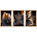 Conjunto 23 - Imagem Preto e Dourado com 3 Quadros - Com Moldura - Preto, Marrom, Rústica ou Branco