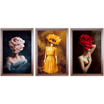 Conjunto 26 - Imagem Preto e Dourado com 3 Quadros - Com Moldura - Preto, Marrom, Rústica ou Branco