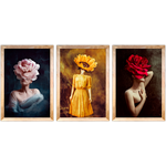 Conjunto 26 - Imagem Preto e Dourado com 3 Quadros - Com Moldura - Preto, Marrom, Rústica ou Branco