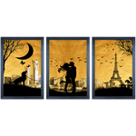 Conjunto 37 - Imagem Preto e Dourado com 3 Quadros - Com Moldura - Preto, Marrom, Rústica ou Branco