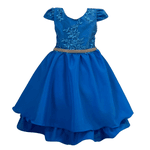 Vestido Juvenil Azul Cobalto Curto Bordado Saia Lisa Com Cinto Dourado 