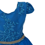 Vestido Juvenil Azul Cobalto Curto Bordado Saia Lisa Com Cinto Dourado 