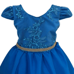 Vestido Juvenil Azul Cobalto Curto Bordado Saia Lisa Com Cinto Dourado 
