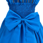 Vestido Juvenil Azul Cobalto Curto Bordado Saia Lisa Com Cinto Dourado 