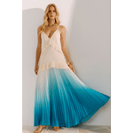 VESTIDO LONGO PLISSADO AZUL E BRANCO