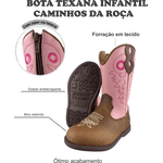 BOTA FEMININA INFANTIL TEXANA FÓSSIL CARAMELO COM ROSA