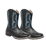 BOTA JUVENIL TEXANA LÁTEGO PRETO COM BORDADO AZUL
